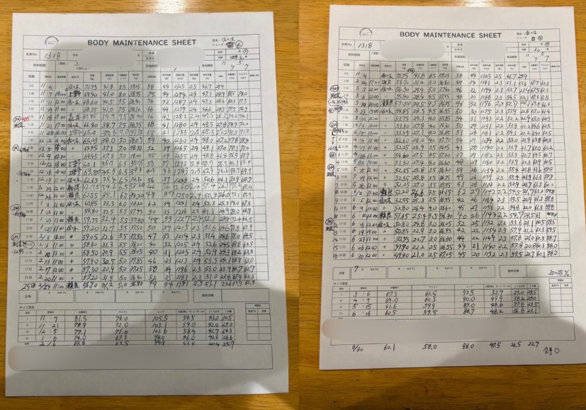 K様の体重や身体の変化を記録したカルテ